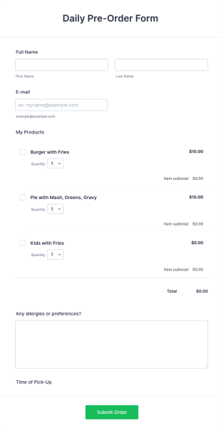 Food Pre Order Form Template