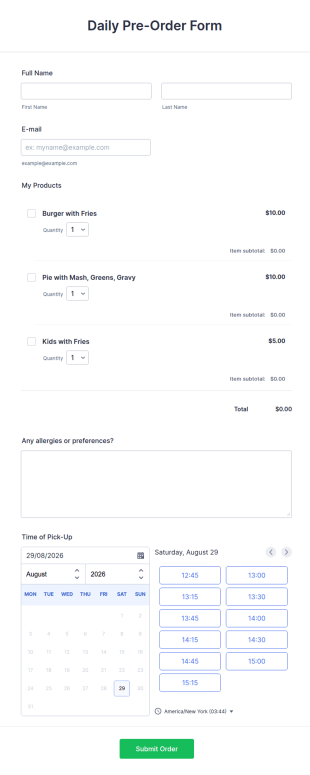 Food Pre Order Form Template