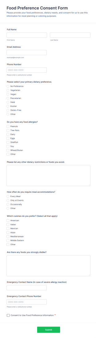 Food Preference Consent Form Template