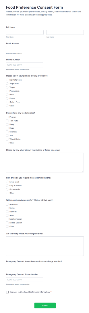 Food Preference Consent Form Template