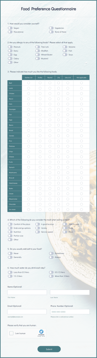 Food Preference Questionnaire Form Template