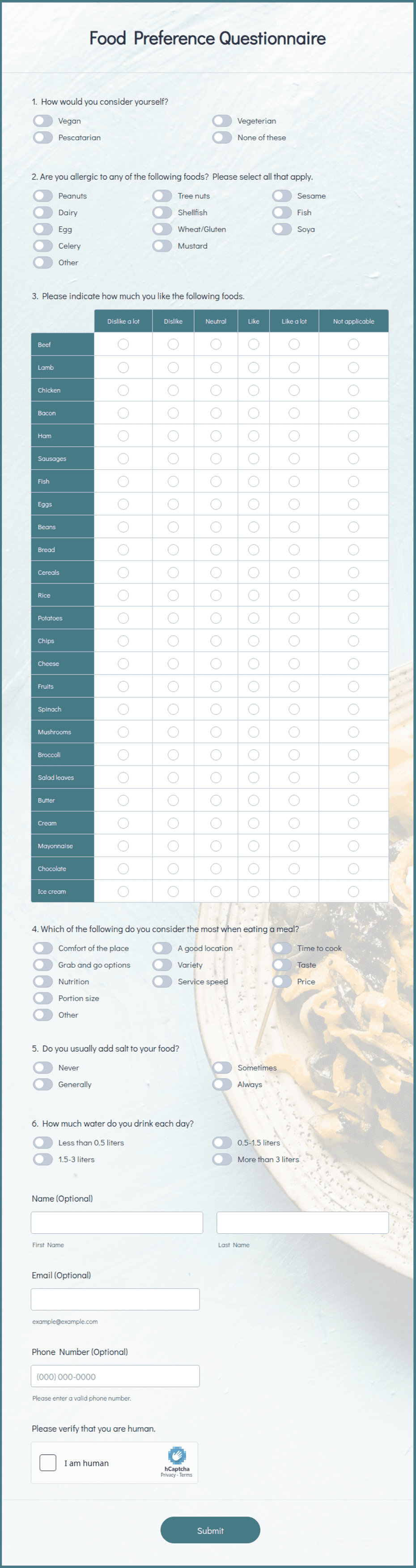 Food Preference Questionnaire Form Template | Jotform