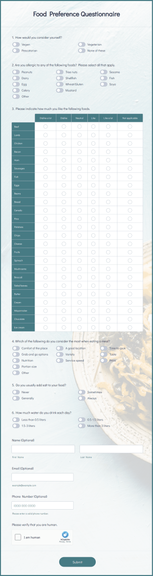 Food Preference Questionnaire Form Template