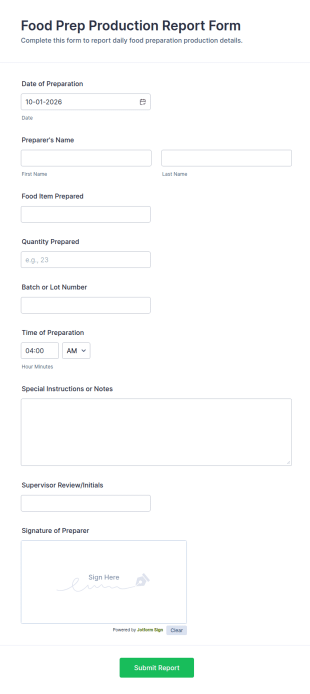 Food Prep Production Report Form Template