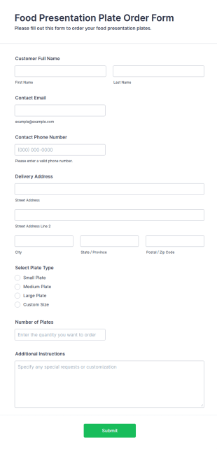 Food Presentation Plate Order Form Template