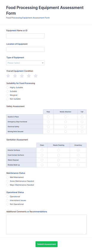 Food Processing Equipment Assessment Form Template