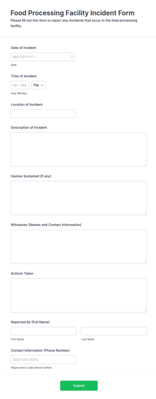 Food Processing Facility Incident Form Template