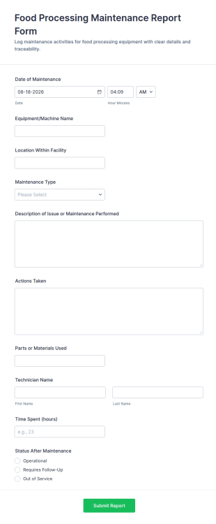 Food Processing Maintenance Report Form Template