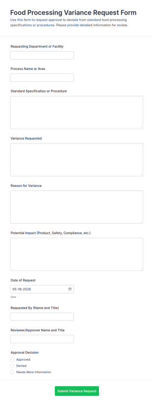 Food Processing Variance Request Form Template