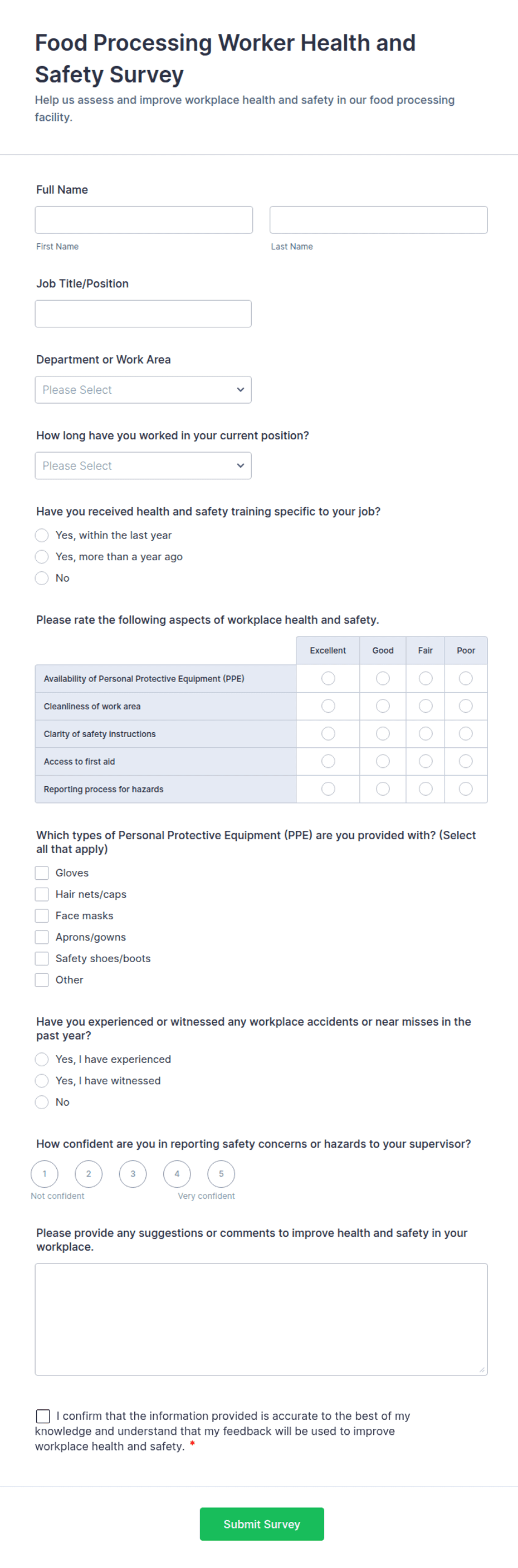 Food Processing Worker Health and Safety Survey Form Template | Jotform