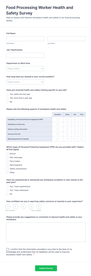 Food Processing Worker Health And Safety Survey Form Template