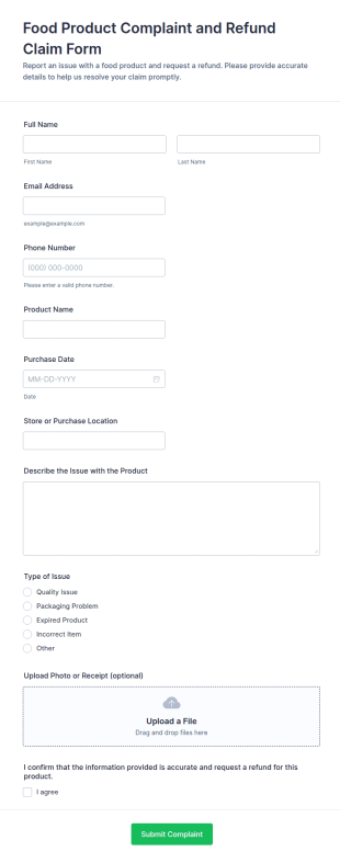 Food Product Complaint And Refund Claim Form Template