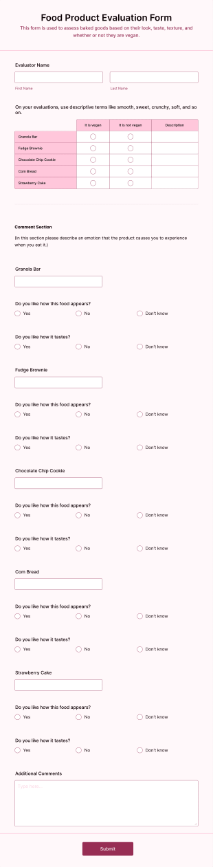 Food Product Evaluation Form Template