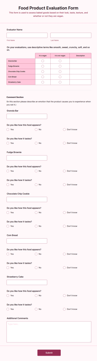 Food Product Evaluation Form Template