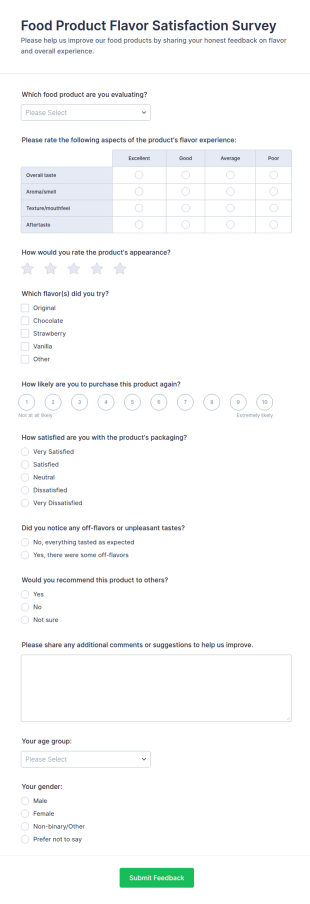 Food Product Flavor Satisfaction Survey Form Template