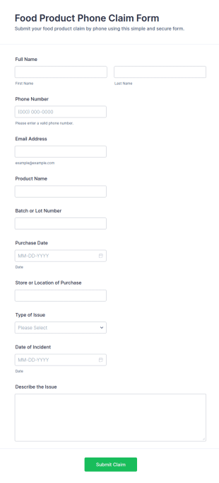 Food Product Phone Claim Form Template