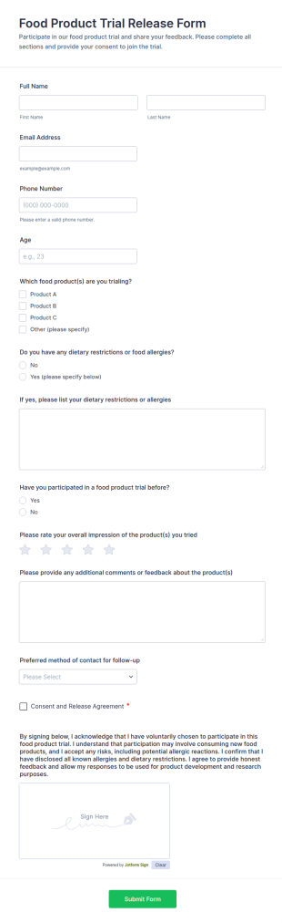 Food Product Trial Release Form Template