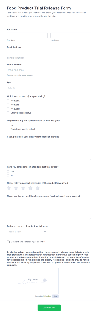 Food Product Trial Release Form Template