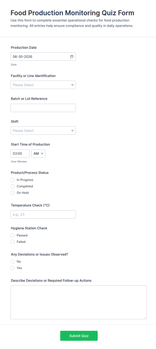Food Production Monitoring Quiz Form Template