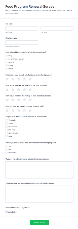 Food Program Renewal Survey Form Template