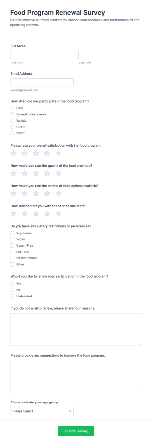 Food Program Renewal Survey Form Template