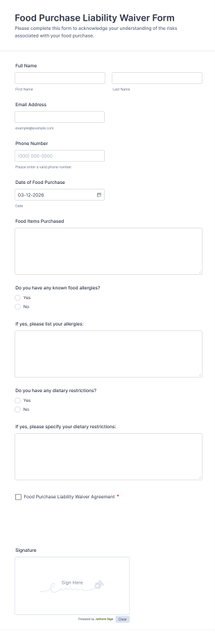 Food Purchase Liability Waiver Form Template
