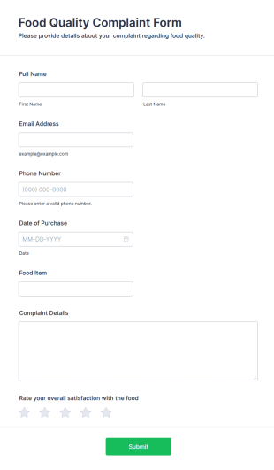 Food Quality Complaint Form Template
