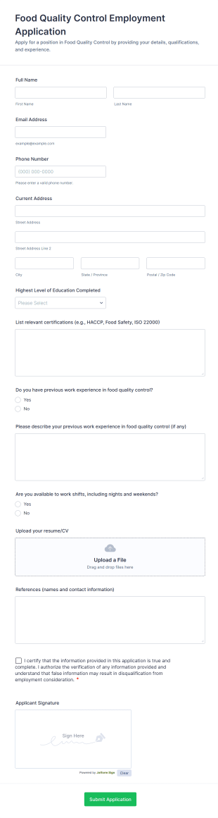 Food Quality Control Employment Application Form Template