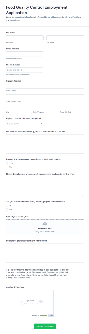 Food Quality Control Employment Application Form Template