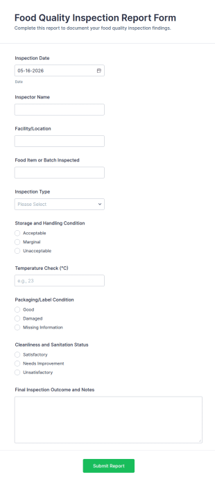 Food Quality Inspection Report Form Template