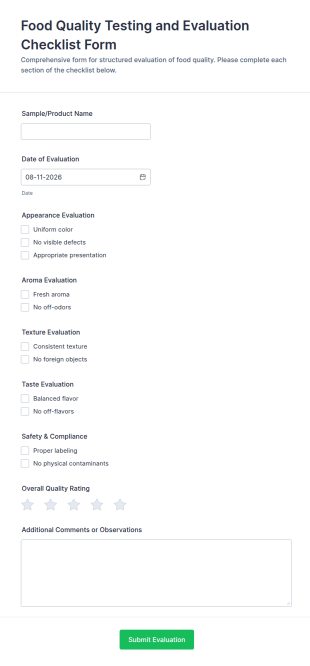 Food Quality Testing And Evaluation Checklist Form Template