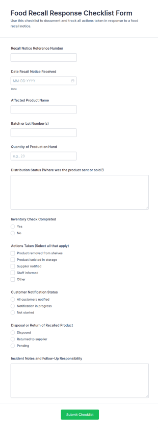 Food Recall Response Checklist Form Template