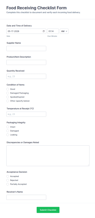 Food Receiving Checklist Form Template