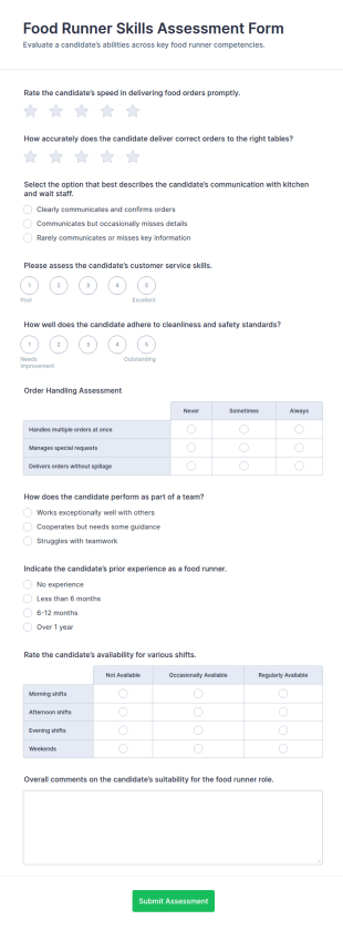 Food Runner Skills Assessment Form Template