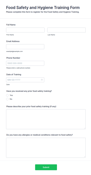 Food Safety And Hygiene Training Form Template