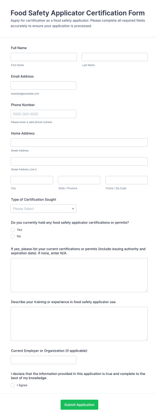 Food Safety Applicator Certification Form Template