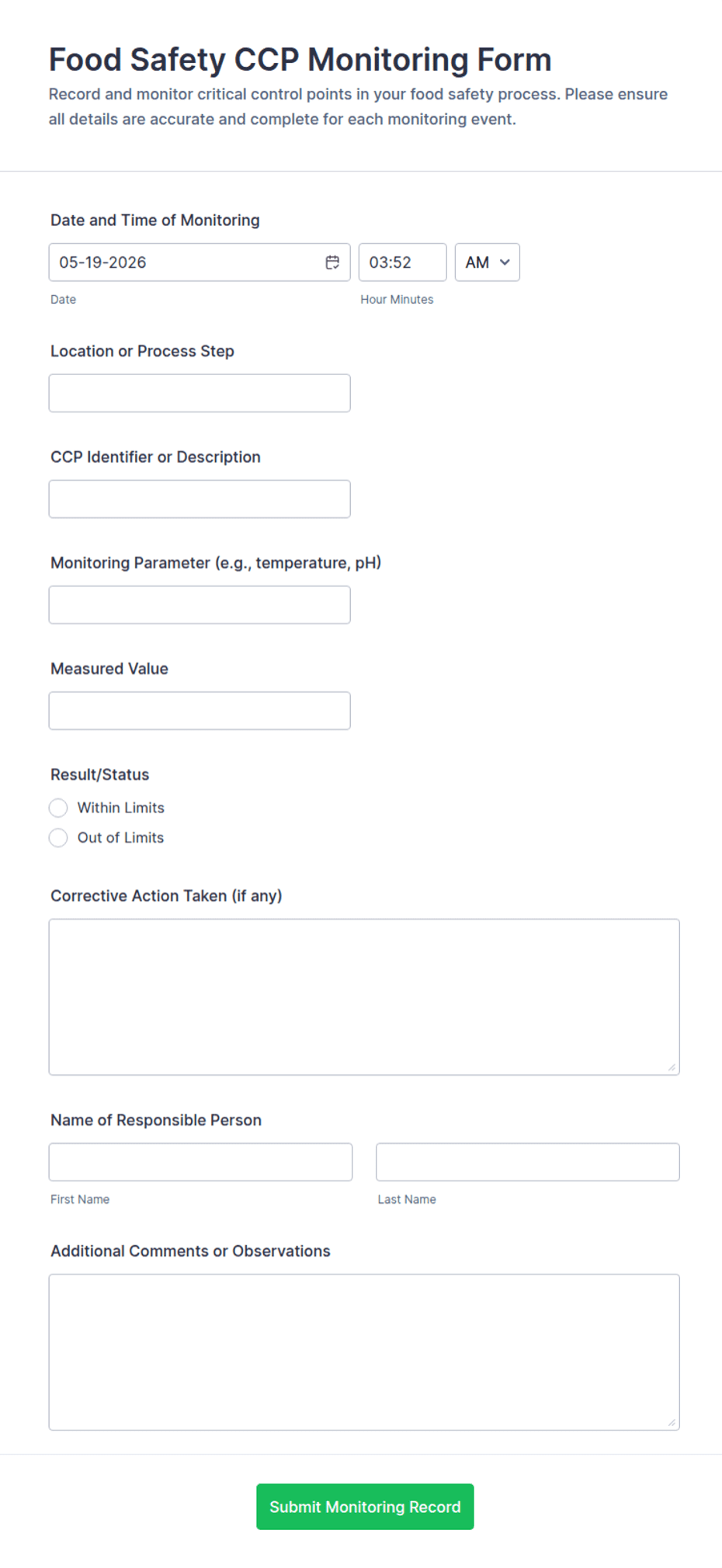 Process Control Form Food Food Safety CCP Monitoring Form Template | Jotform