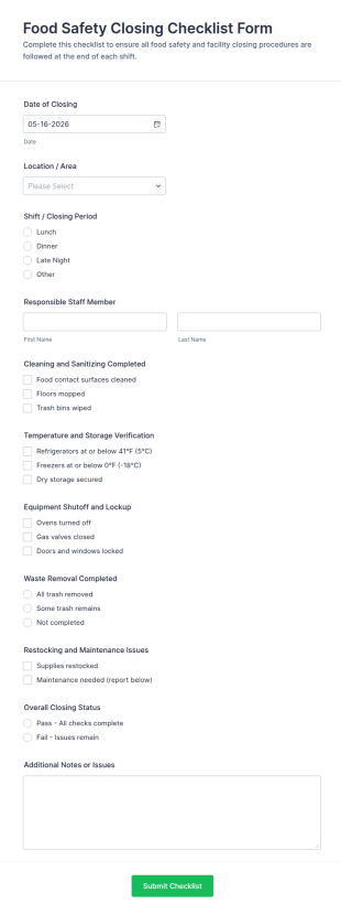 Food Safety Closing Checklist Form Template