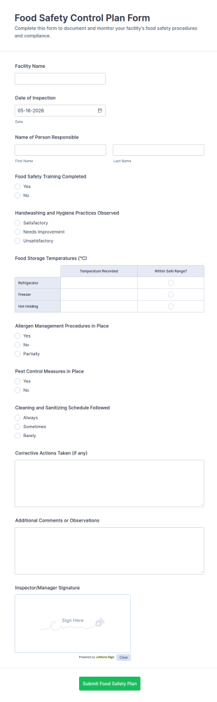 Food Safety Control Plan Form Template