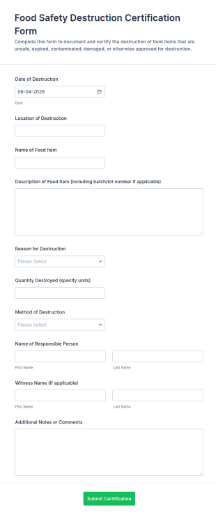 Food Safety Destruction Certification Form Template