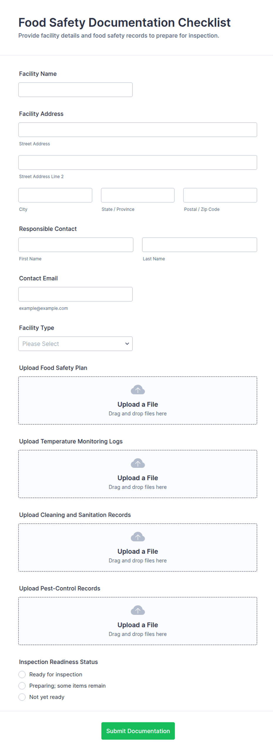 Food Safety Documentation Checklist Form Template | Jotform