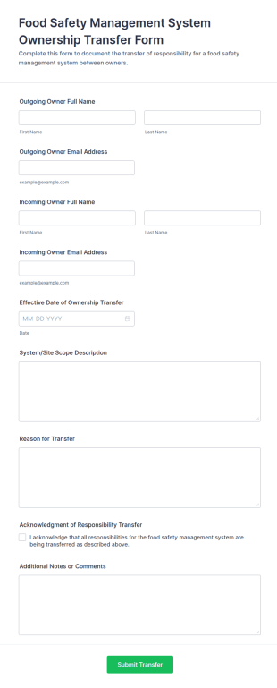Food Safety Management System Ownership Transfer Form Template