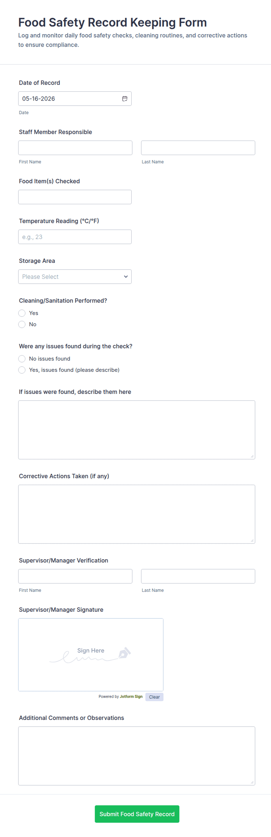 Sc8 Forms Food Safety Record Keeping Form Template | Jotform