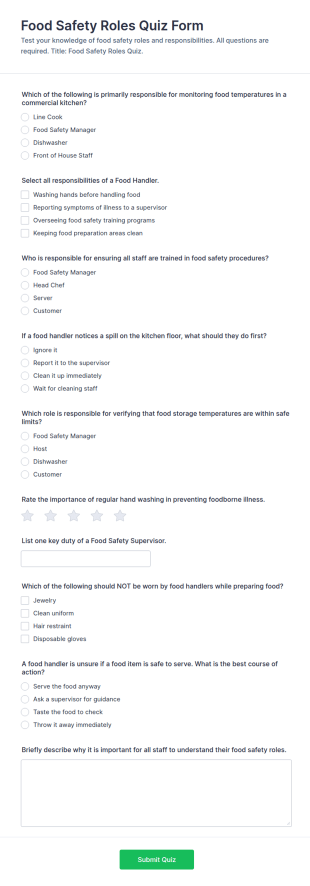 Food Safety Roles Quiz Form Template