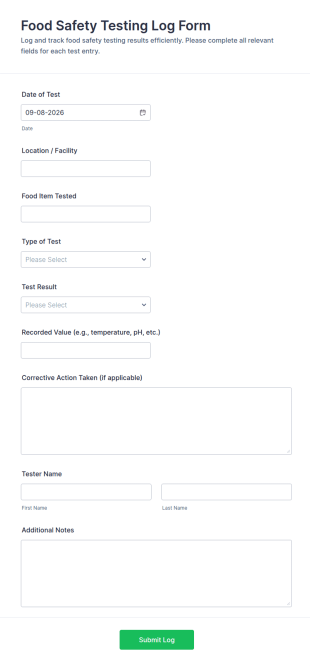 Food Safety Testing Log Form Template