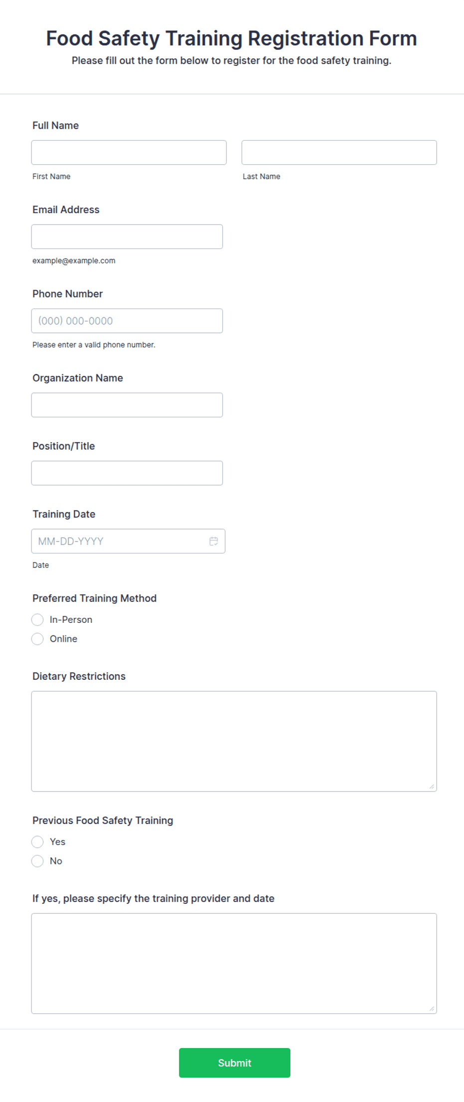 Cook Training Forms Food Safety Training Form Template | Jotform