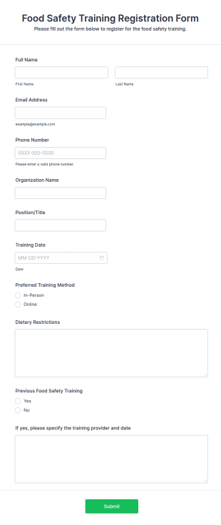 Food Safety Training Form Template