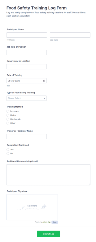 Food Safety Training Log Form Template