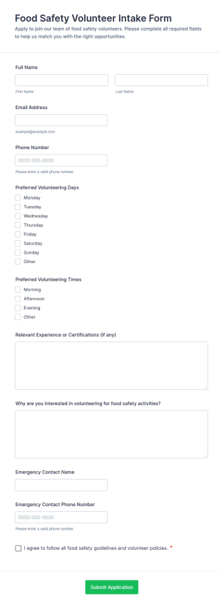 Food Safety Volunteer Intake Form Template