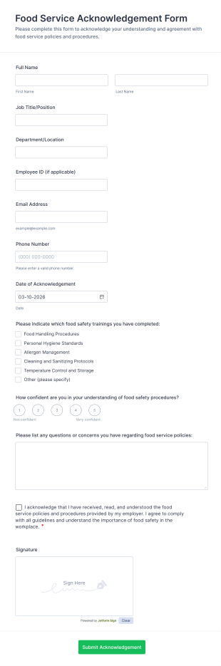Food Service Acknowledgement Form Template